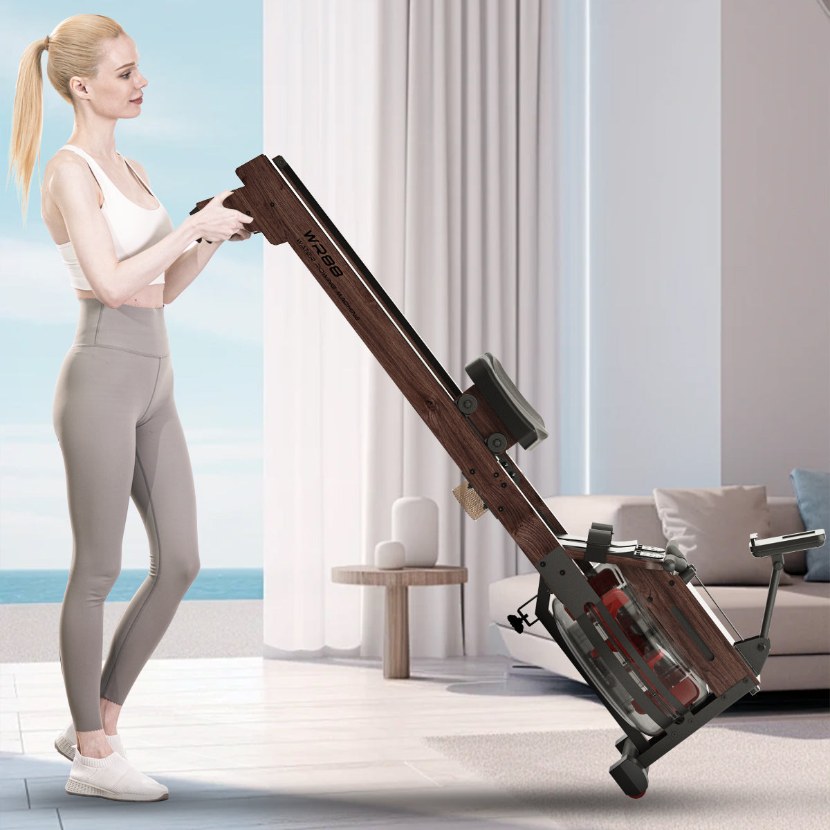 LESUNFIT Wasser-Rudergerät aus Massivholz (Eiche), 30 Tage Kinomap, Bluetooth Monitor, 150 kg Belastung
