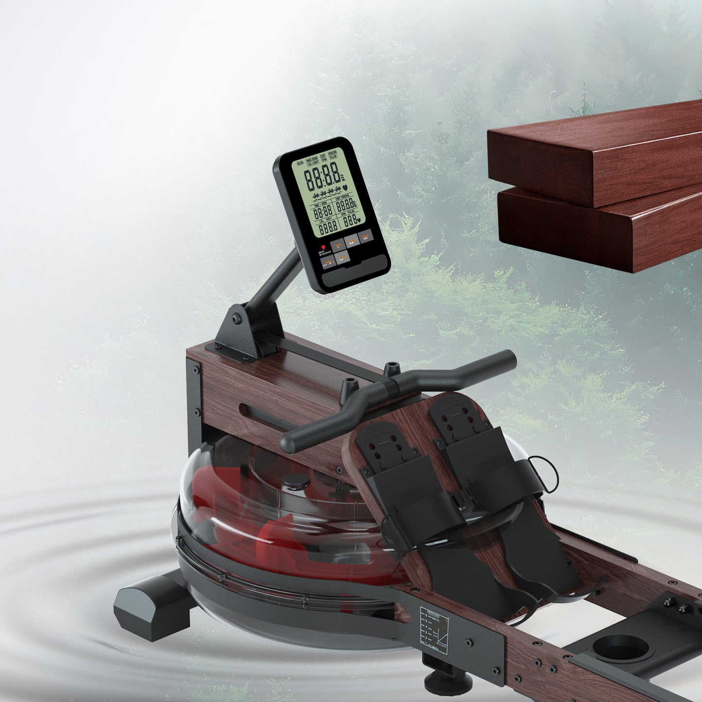 LESUNFIT Wasser-Rudergerät aus Massivholz (Eiche), 30 Tage Kinomap, Bluetooth Monitor, 150 kg Belastung