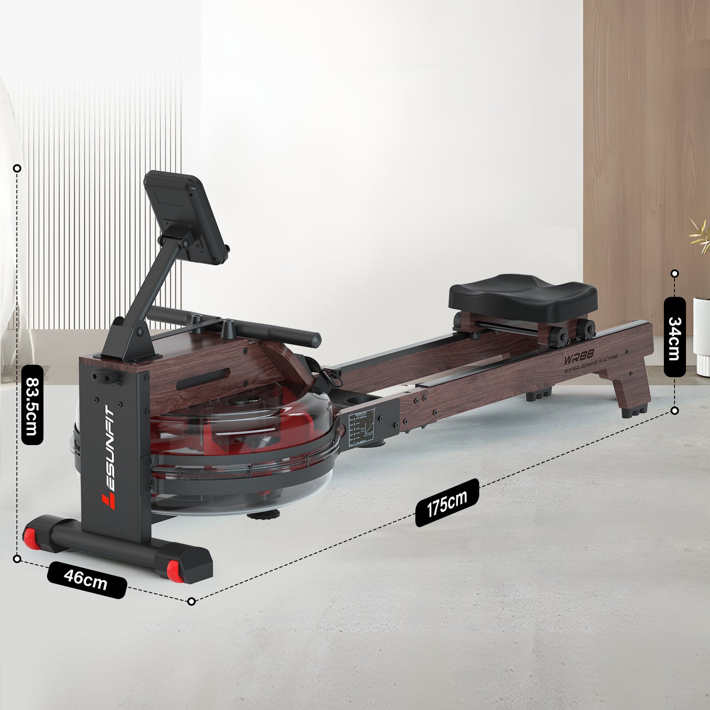 LESUNFIT Wasser-Rudergerät aus Massivholz (Eiche), 30 Tage Kinomap, Bluetooth Monitor, 150 kg Belastung