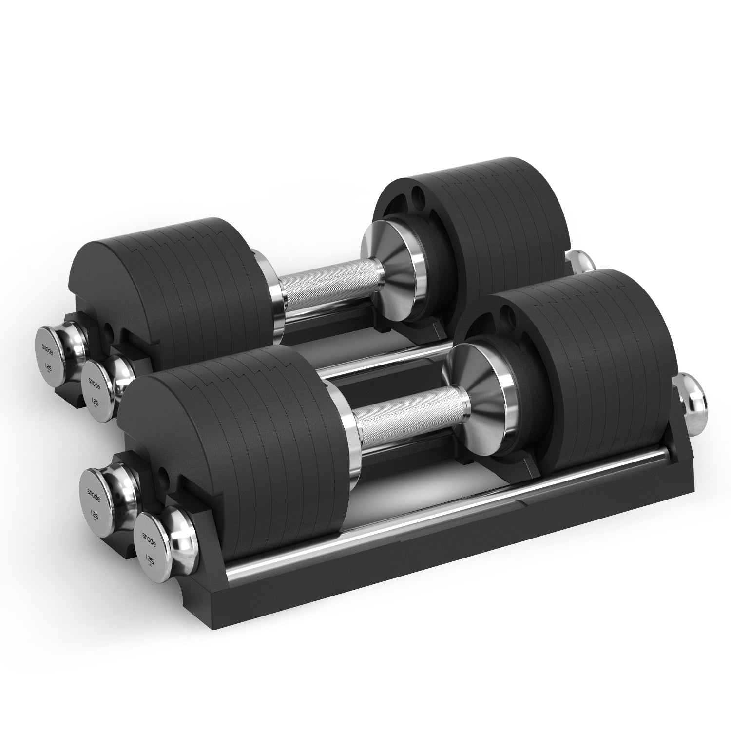 Close-up of Snode 40kg dumbbell with magnetic weight plates, incremental micro-adjustments