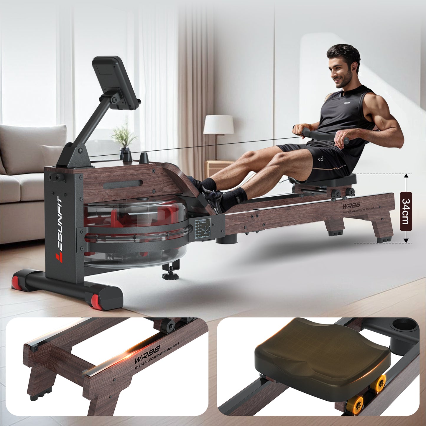 LESUNFIT Wasser-Rudergerät aus Massivholz (Eiche), 30 Tage Kinomap, Bluetooth Monitor, 150 kg Belastung