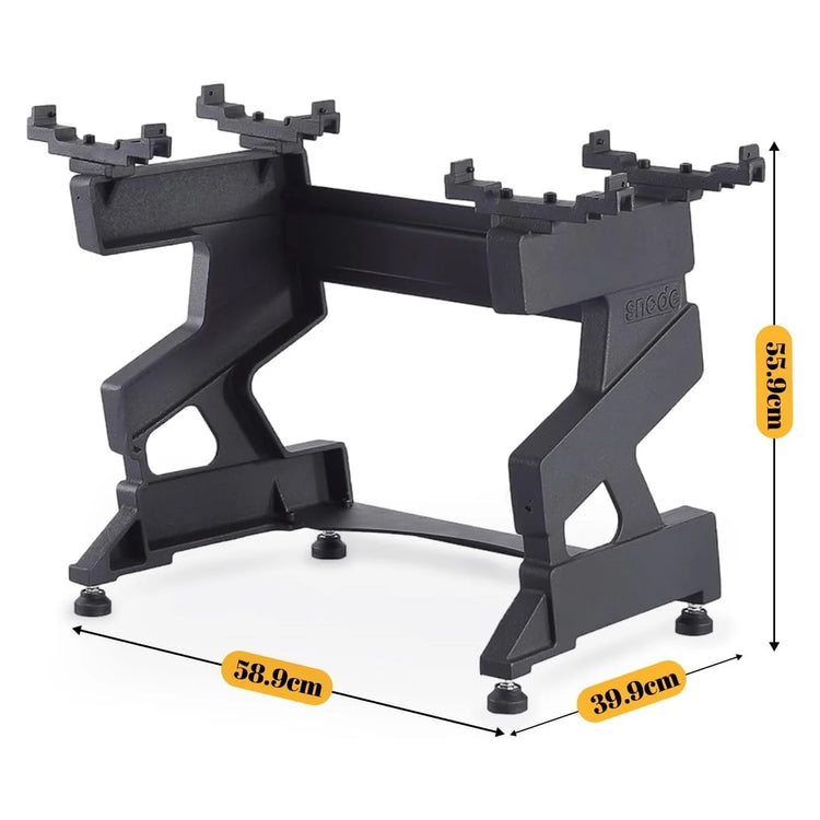 Display of black stand dimensions on a white background