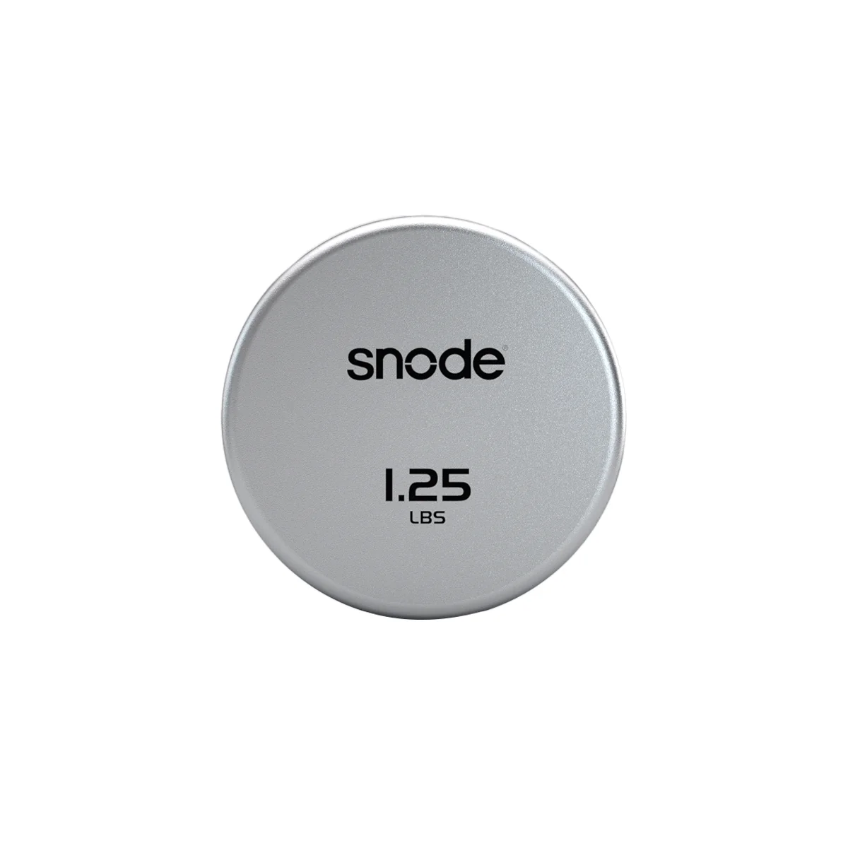 Silver weight plate with 'snode' branding and '1.25 lbs' marking on a white background