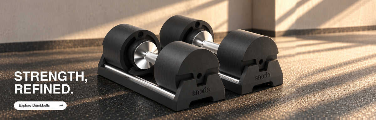 40kg black adjustable dumbbells resting in matching black stands on a dark gym floor, with warm sunlight casting shadows across the scene. The text 'STRENGTH, REFINED.